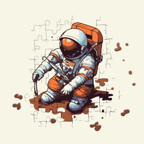 Astronaut sitting on a jigsaw puzzle. vector illustration.