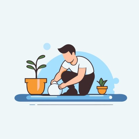 Man watering a flower in a pot. Flat design vector illustration.