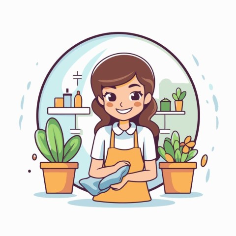 Cute girl cleaning at home. Vector illustration in cartoon style