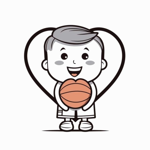 Happy boy holding a basketball ball. Vector illustration. Ideal