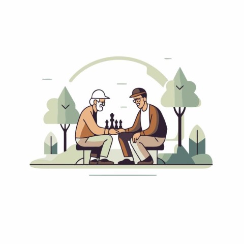 Two men playing chess in the park. Flat style vector illustratio