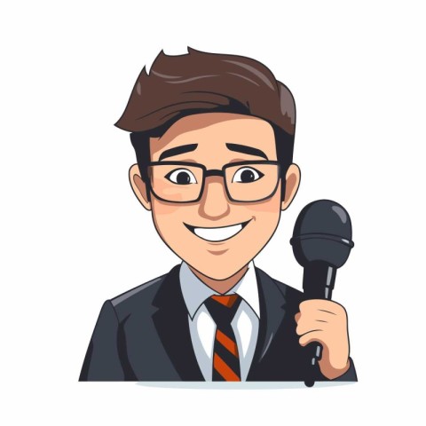 Journalist with microphone. Vector illustration isolated on a wh