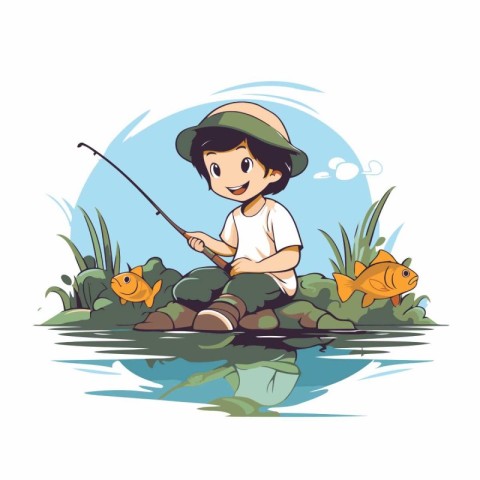 Little boy fishing on the river. Vector illustration in cartoon