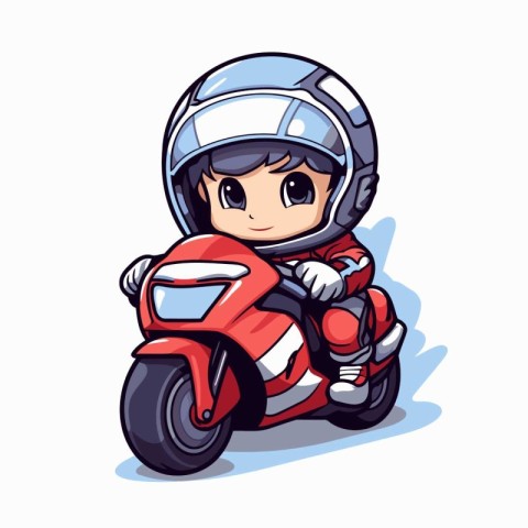 Cute cartoon little boy riding a motorbike. Vector illustration.