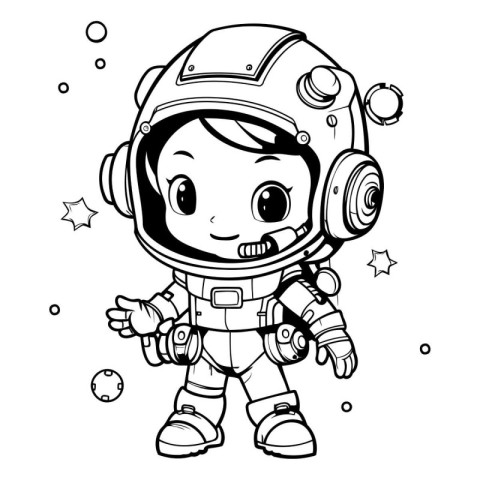 Black and White Cartoon Illustration of Cute Little Astronaut Bo