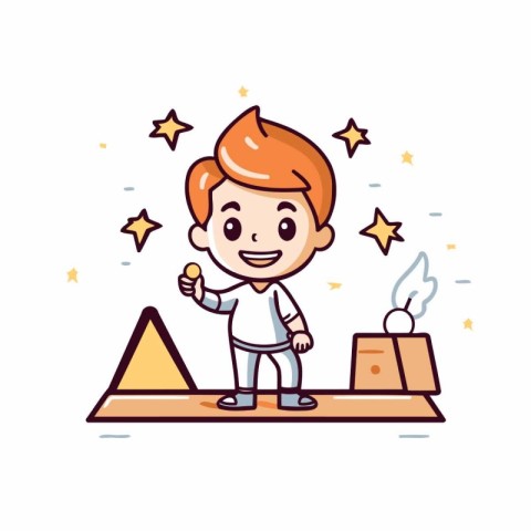 Cute little boy playing with firecracker. Cartoon vector illustr