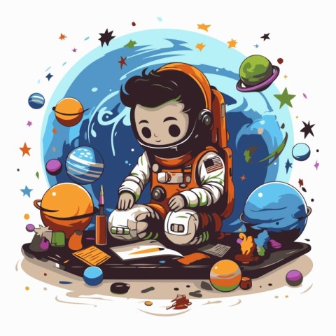 Astronaut boy in space. Cute cartoon vector illustration.