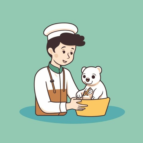 Vector illustration of a man in uniform with a dog in a basket