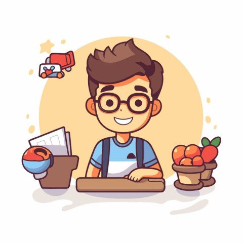 Cute cartoon boy doing homework. Vector illustration in a flat s