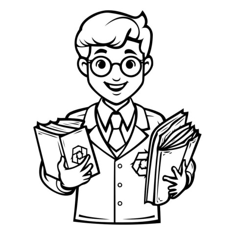 Black and White Cartoon Illustration of Male Student Character w