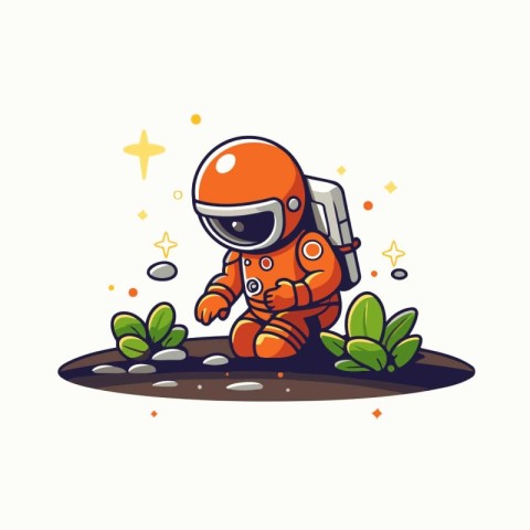 Astronaut sitting on the ground. Vector illustration in cartoon