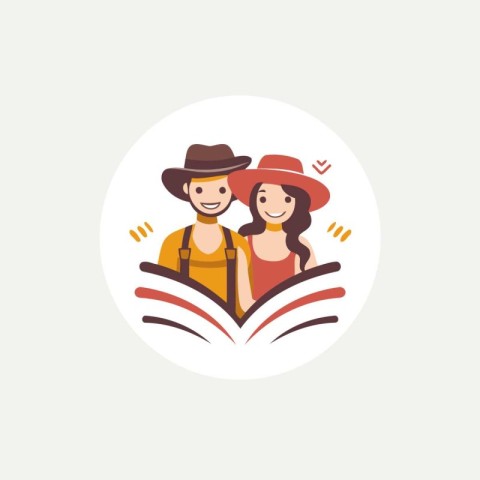 Tourist man and woman reading book. Vector illustration in flat