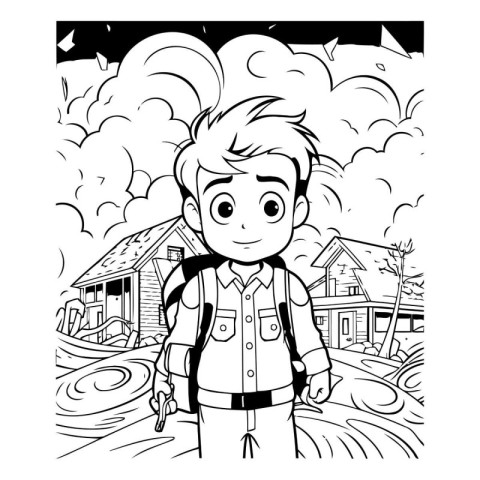 Black and White Cartoon Illustration of Kid Boy Hiking or Campin