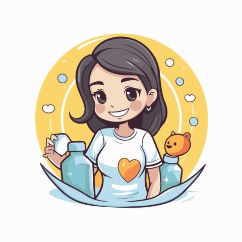 Cute cartoon girl with bottles of cleaning products. Vector illu