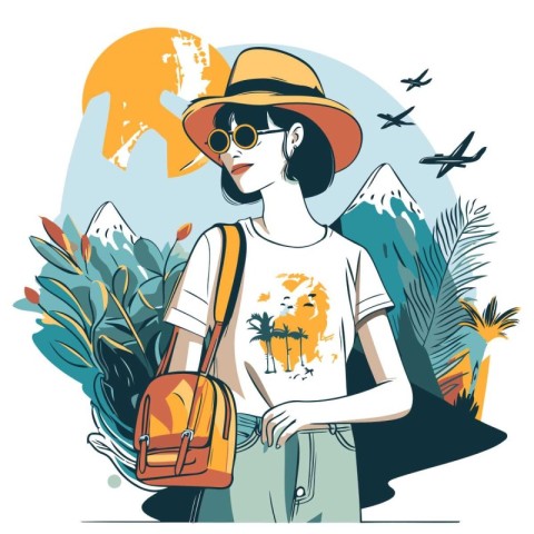 Vector illustration of a girl in a hat and sunglasses with a bac