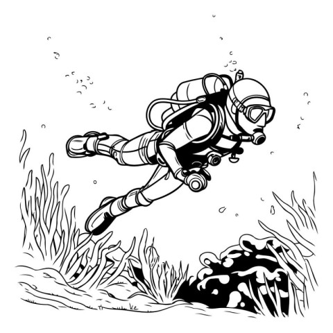 Scuba diver in the sea. Black and white vector illustration.