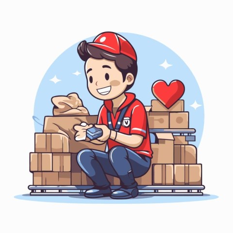 Delivery boy with boxes and remote control. Vector illustration