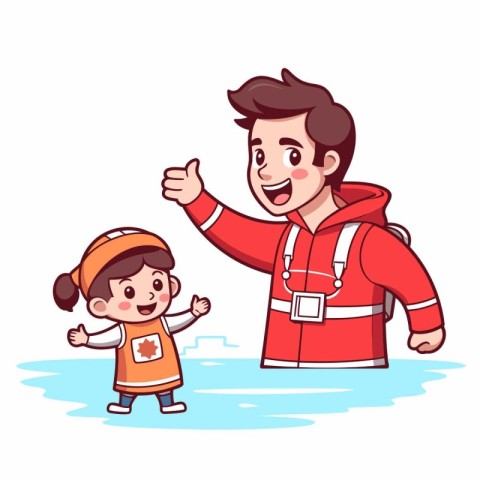 Happy father and daughter playing in water. Cute cartoon vector