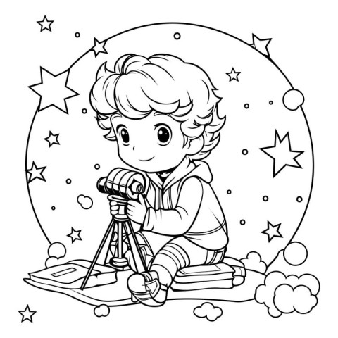 Boy with telescope. Coloring book for kids. Vector illustration.