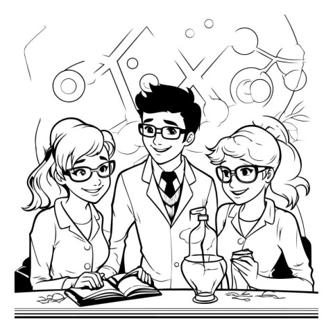 black and white illustration of a group of students studying in