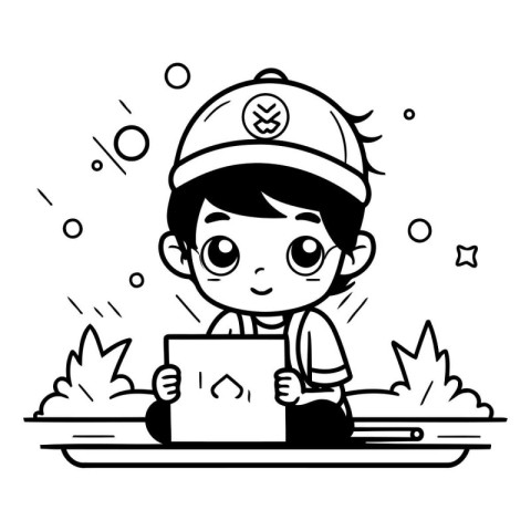 Black and White Cartoon Illustration of a Boy Holding a Box of F