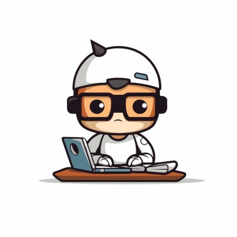 Cute Doctor Cartoon Character with Laptop. Vector Illustration.