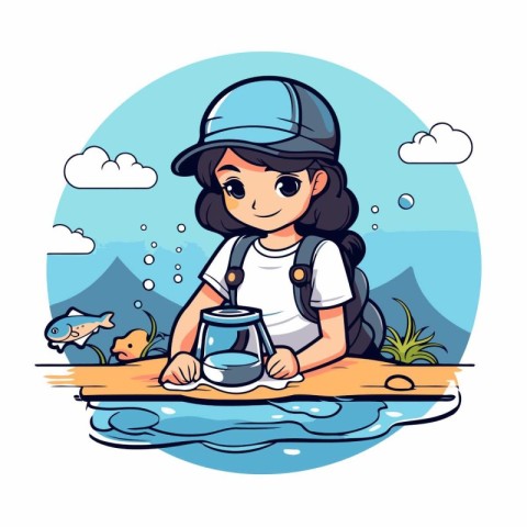 Cute little girl fishing on the lake. Vector cartoon illustratio