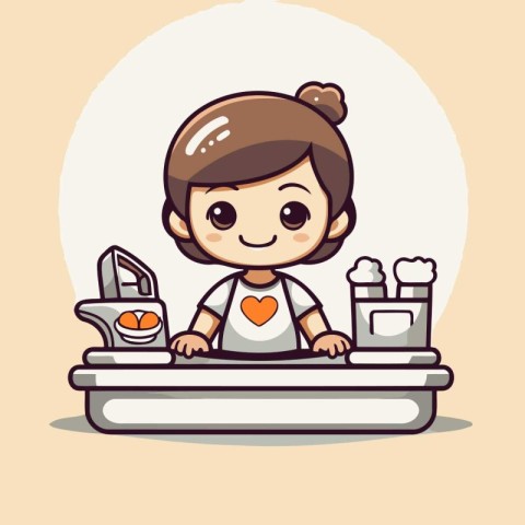 Cute girl washing clothes on the ironing machine. Vector illustr