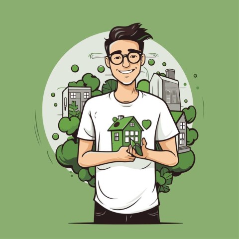 Vector illustration of a man holding a house in his hands. Eco f