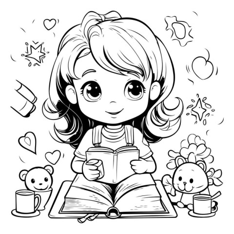 Cute little girl reading a book. Vector illustration for colorin