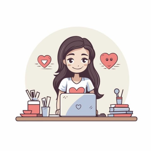 Girl working on laptop at home. Vector illustration in cartoon s