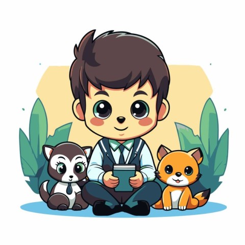 cute boy with dog and cat in the garden vector illustration desi