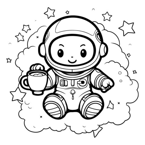 Coloring book for children: astronaut with a cup of coffee.