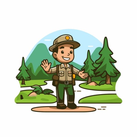 Cute cartoon safari explorer standing in forest. Vector illustra