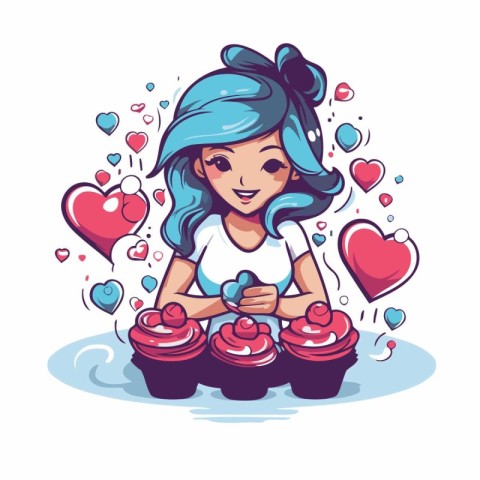 Beautiful girl with cupcakes. Valentine's day vector illustratio