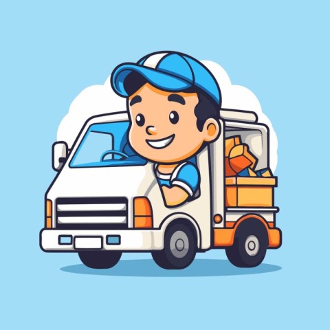 Courier with truck. Delivery service. Vector illustration in car