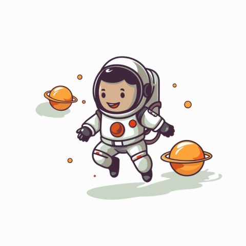 Cartoon astronaut with planets on a white background. Vector ill