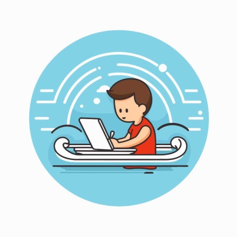 Boy with laptop on surfboard. Vector illustration. Flat design.