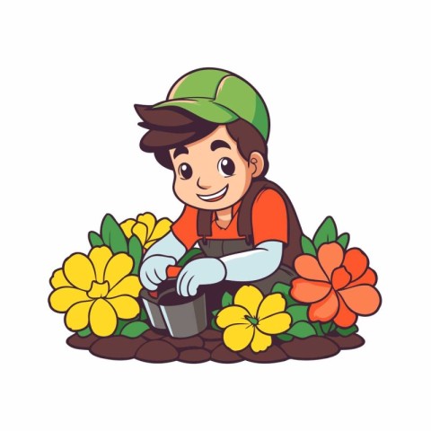 Cute little boy planting flowers in the garden. Vector illustrat