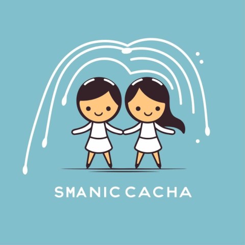 Smiling children holding hands in the rain. Vector flat illustra