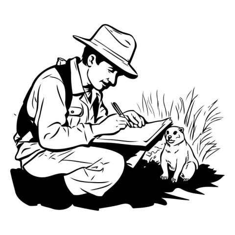 illustration of a man sitting in the grass and drawing a dog