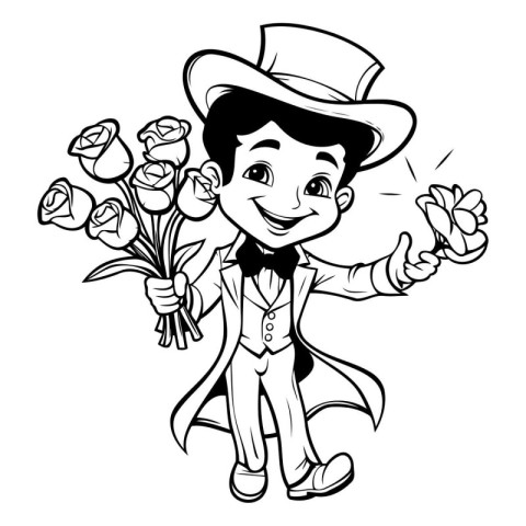 Black and White Cartoon Illustration of Cute Boy Wearing Cowboy