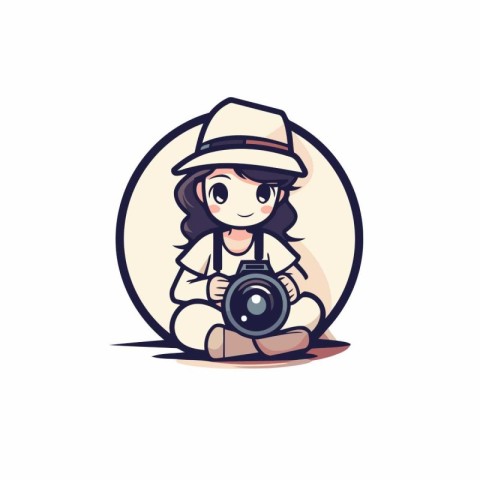 Illustration of a girl in a hat with a camera on a white backgro