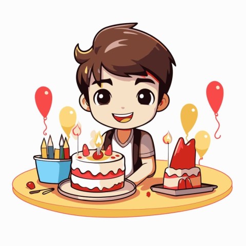 Cute boy celebrating his birthday with cake and balloons. Vector