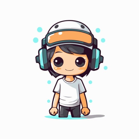 Cute boy wearing astronaut helmet and headphones. Vector cartoon