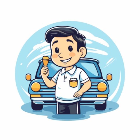 Vector illustration of a young man driving a car and drinking co