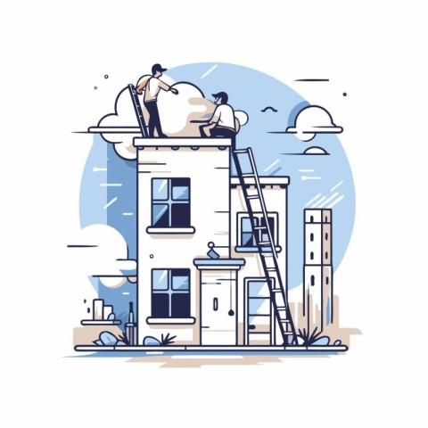 Vector illustration of a man with a ladder standing on the top o