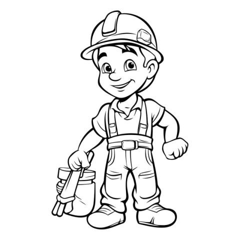 Black and White Cartoon Illustration of Cute Little Boy Builder