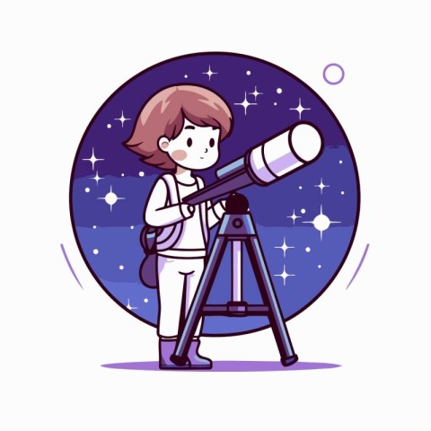 Vector illustration of a girl looking through a telescope. Space