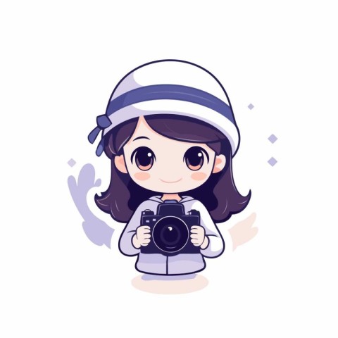 Cute little girl in winter clothes holding a camera. Vector illu